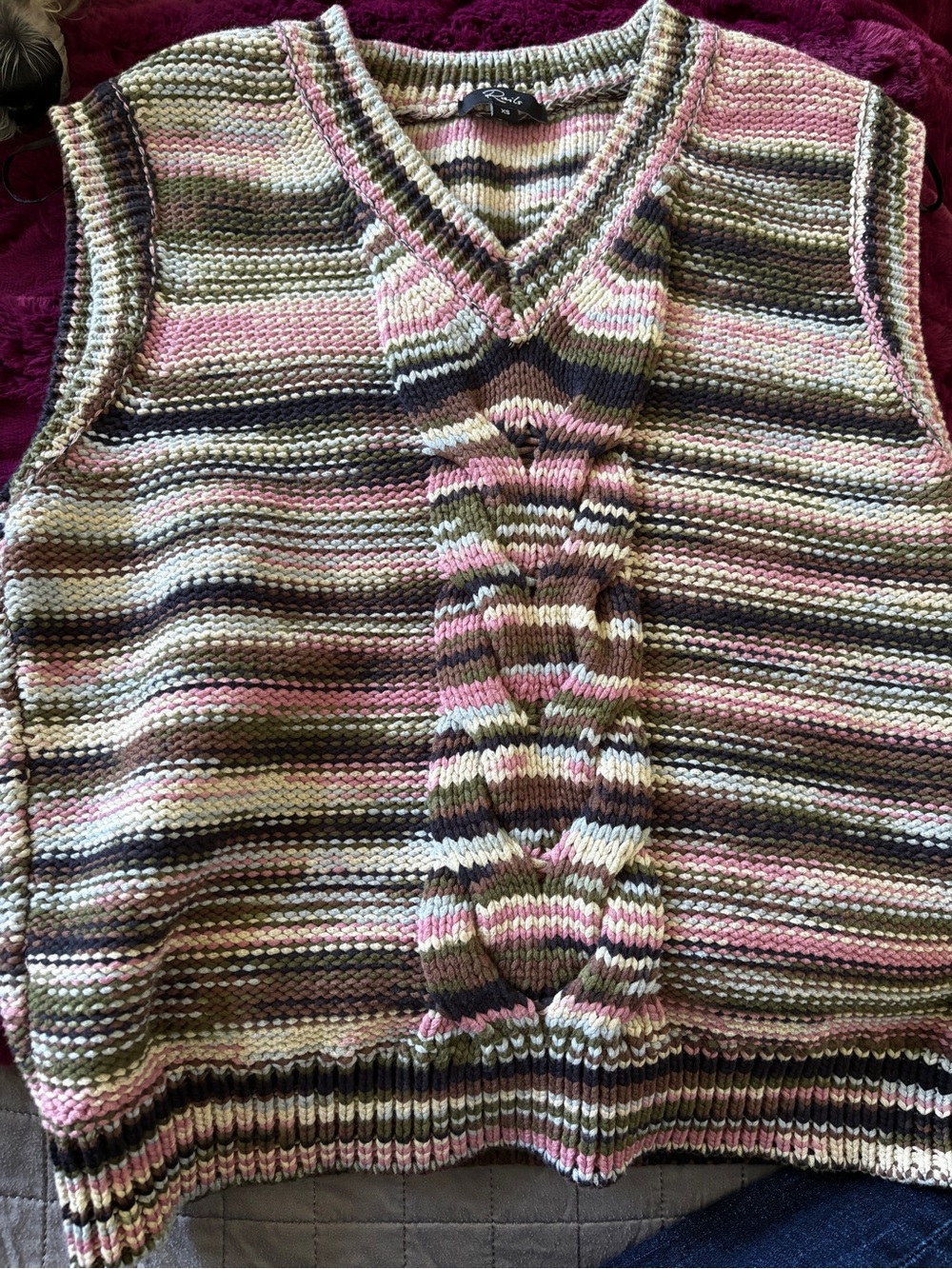 Rails Striped Cable-Knit V-Neck Sweater Vest - Pink, Olive, Cream XS